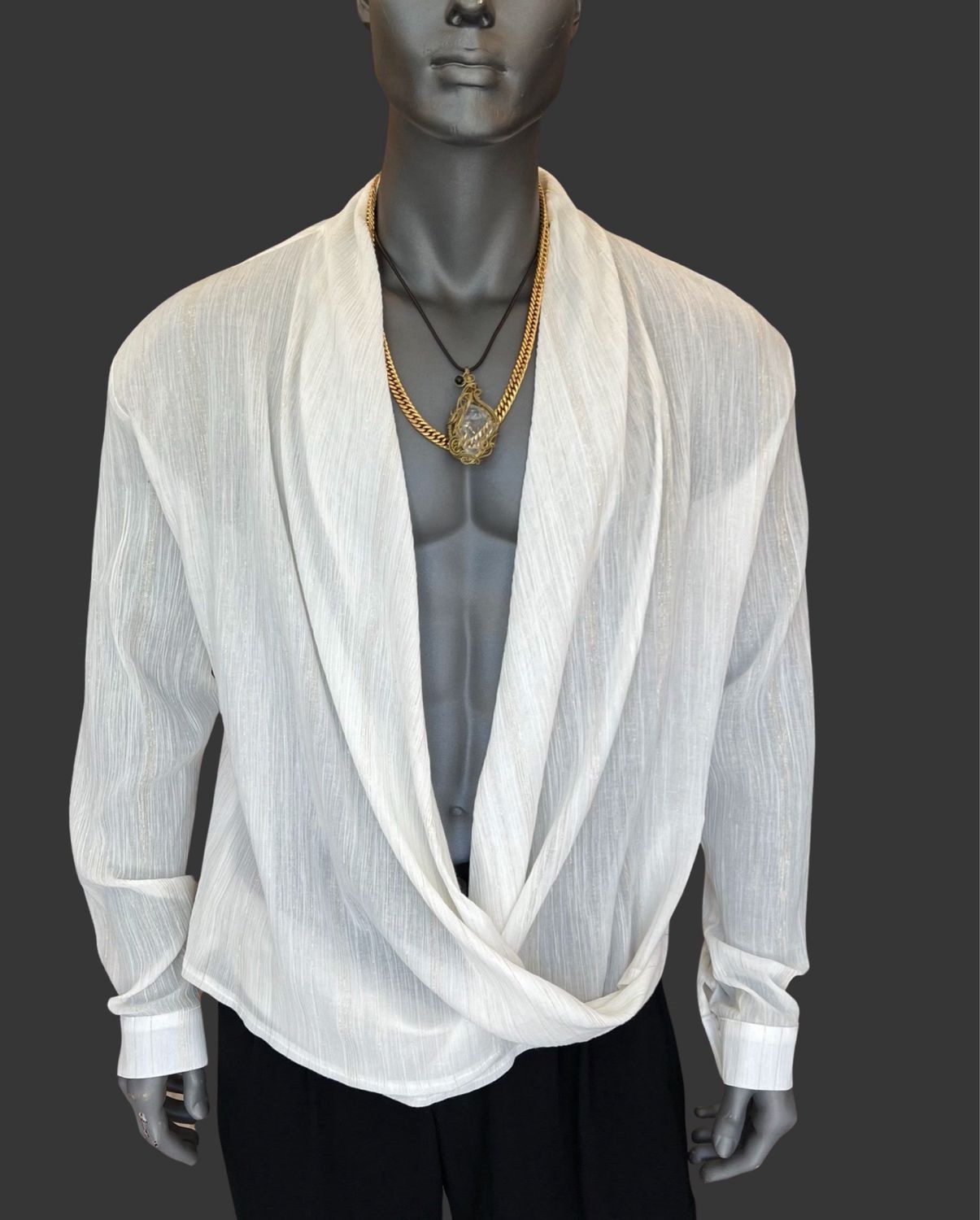 Hand-draped white shirt with gold chains — atelier detail