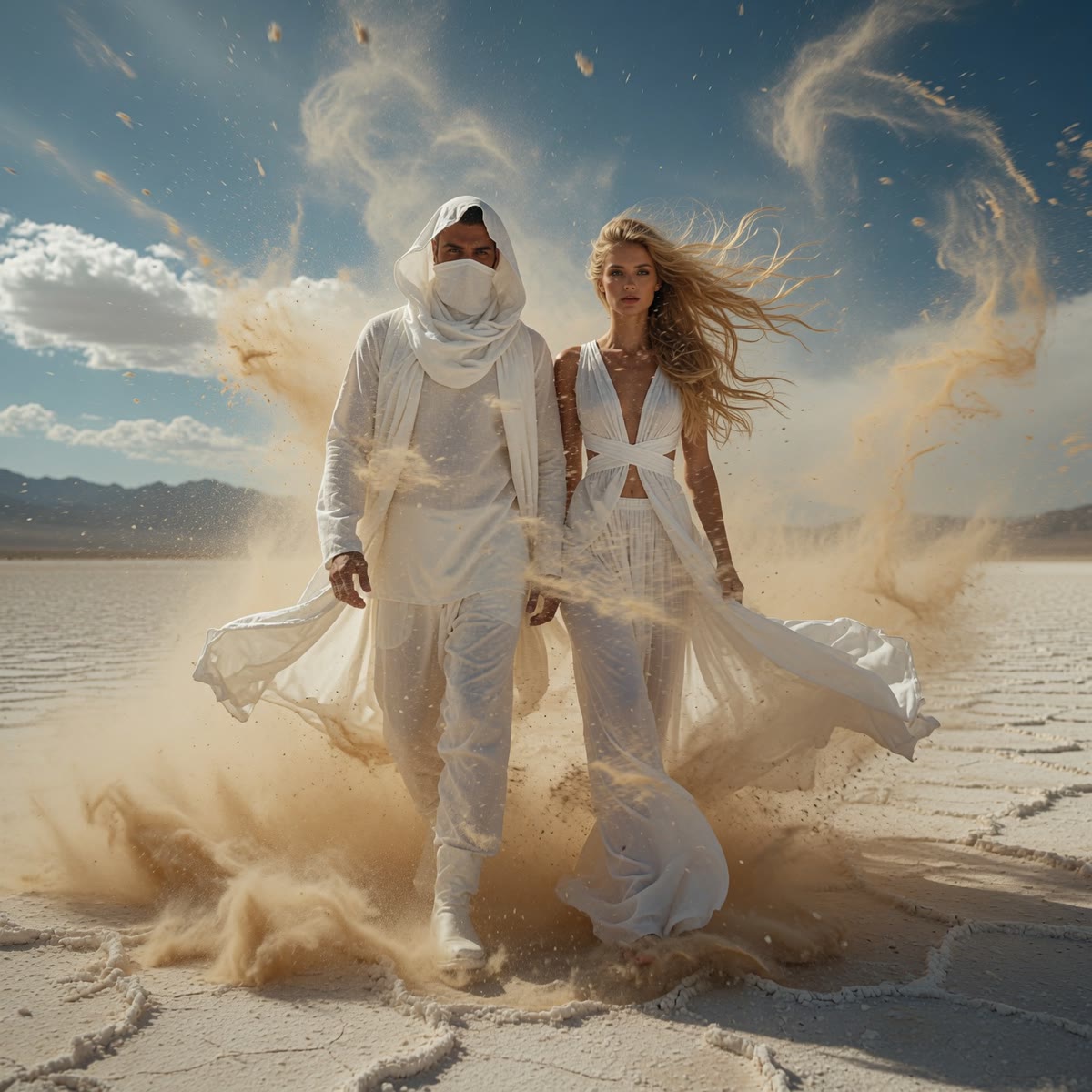 Couple in flowing white crossing a desert salt flat