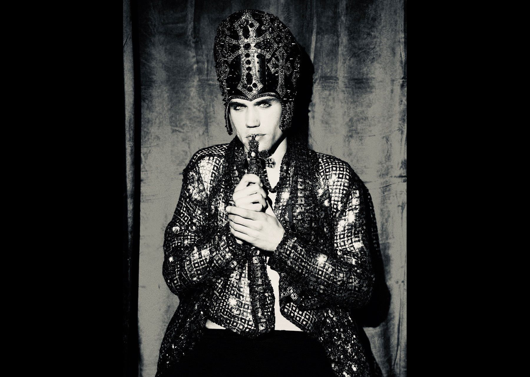 Men's collection — jeweled headdress and sequined jacket