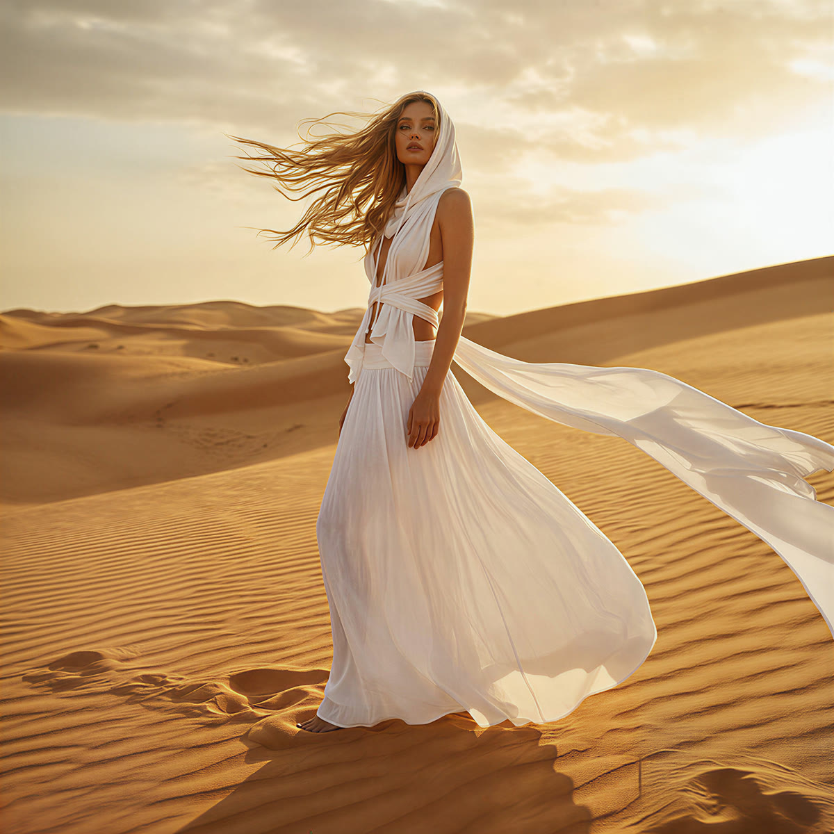 Model in flowing white on golden dunes at sunset
