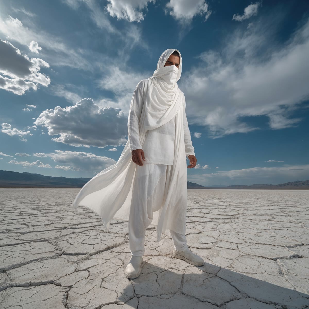 Model in white robes on a cracked salt flat